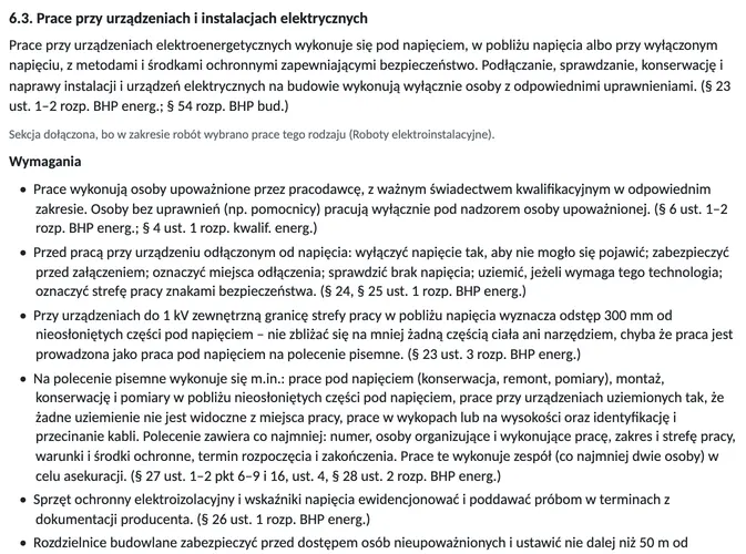 Fragment instrukcji bezpiecznego wykonywania robót dla firmy elektrycznej: rozdział 6.3 Prace przy urządzeniach i instalacjach elektrycznych, wymagania z paragrafami rozporządzeń.