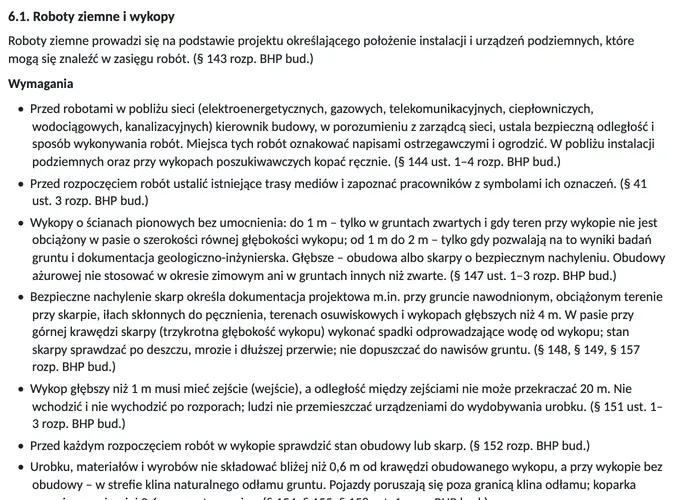 Fragment instrukcji bezpiecznego wykonywania robót dla firmy instalacyjnej: rozdział 6.1 Roboty ziemne i wykopy, wymagania z paragrafami rozporządzeń.