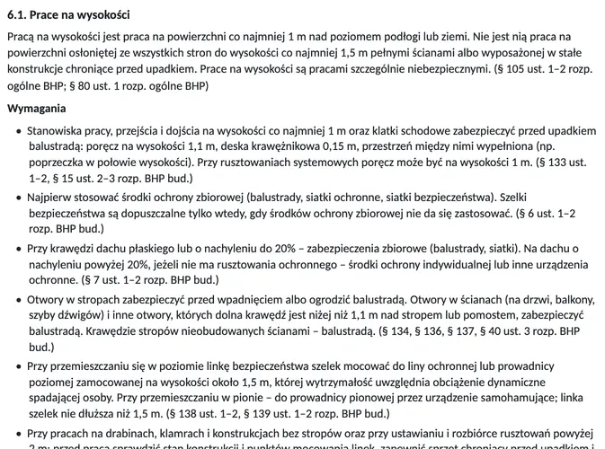 Fragment instrukcji bezpiecznego wykonywania robót dla firmy dekarskiej: rozdział 6.1 Prace na wysokości, wymagania z paragrafami rozporządzeń.