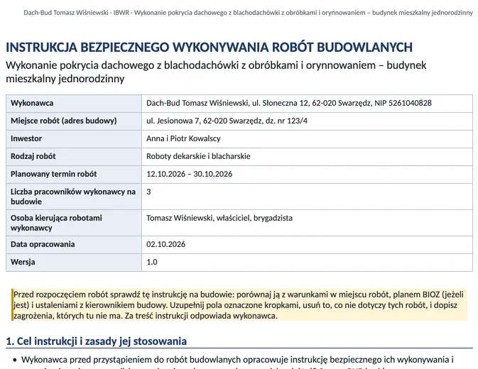 Początek instrukcji bezpiecznego wykonywania robót budowlanych dla firmy Dach-Bud Tomasz Wiśniewski: pokrycie dachowe budynku jednorodzinnego, tabela z wykonawcą, miejscem robót, inwestorem, terminem i osobą kierującą robotami.