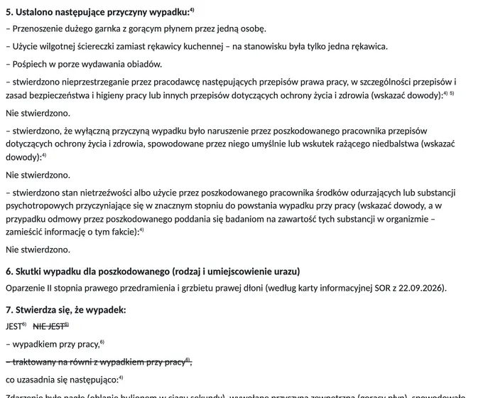 Fragment przykładowego protokołu powypadkowego: punkt 5 Przyczyny wypadku, punkt 6 Skutki wypadku i punkt 7 ze skreśleniem JEST / NIE JEST.