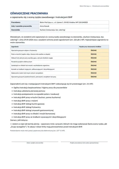 Oświadczenie pracownika o zapoznaniu się z oceną ryzyka zawodowego, z listą zagrożeń na stanowisku.